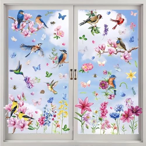 Fensterbilder Frühling, VOGEL-TREFFEN Fenster Aufkleber Fenstersticker Selbstklebend Baum, Ast Zweige Pflanzen Blätter Wohn Schlafzimmer Wiederverwendbar