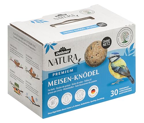 Dehner Natura Premium Meisenknödel ohne Netz, ganzjähriges Wildvogelfutter proteinreich / energiereich, Vogelfutter für Wildvögel, 30 Stück je 90 g (2.7 kg), Karton aus FSC-zertifizierter Produktion