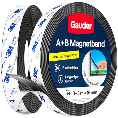 GAUDER A+B Magnetband für Fliegengitter & Moskitonetze - Selbstklebende Magnetstreifen mit starker gegenseitiger Anziehung - Magnetklebeband mit Gegenstück & starkem Kleber (3+3 m)