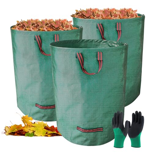 Spetsbst 3er SET 272L Gartenabfallsack mit Gartenhandschuhe Selbststehend Laubsack Gartensack mit Griffe Faltbar Abfallsäcke für Gartenabfälle Grünschnitt Laubabfall