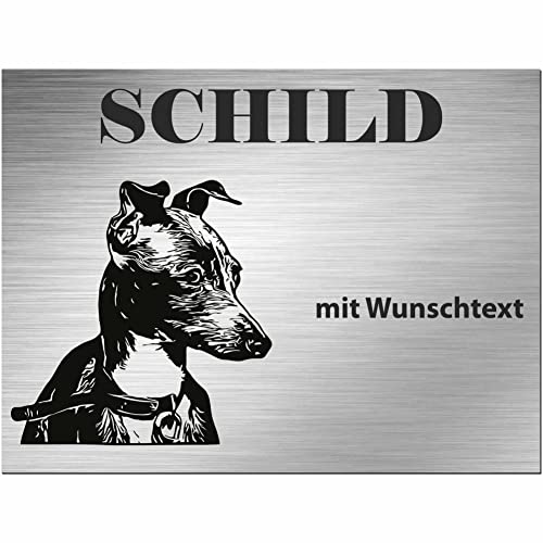 INDIGOS UG - Greyhound Windhund - Schild bedruckt - Wunschtext personalisiert - Alu-Dibond Edelstahl Look - ab 20x15 cm - Spruch - Deko Geschenkidee für Ihren Hund - Zaun - Türschild