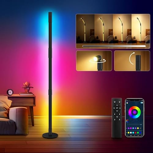 LED Stehlampe,RGBIC Stehlampe Wohnzimmer Dimmbar mit Leselampe,128cm Abnehmbar 360° Drehbare Stehlampe Schwarz,Standleuchte LED mit App,58+ Szenenmodi,Musikmodus Wohnzimmer Gaming Zimmer Deko