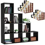 MIADOMODO® Treppenregal - Schwarz, 10 Fächer, 129,5x29x129,5 cm, für Wohnzimmer, Stabil, Offen, Freistehend, Indoor, aus MDF-Platte - Stufenregal, Raumteiler Regal, Bücherregal, Standregal