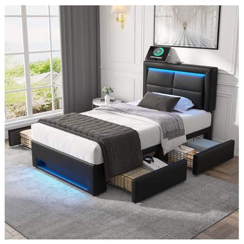Polsterbett 90x190 cm Jugendbett mit LED Beleuchtung und Vier Schubladen,mit USB Anschluss unterstützt kabelloses und kabelgebundenes Laden, ohne Matratze, PU, Schwarz