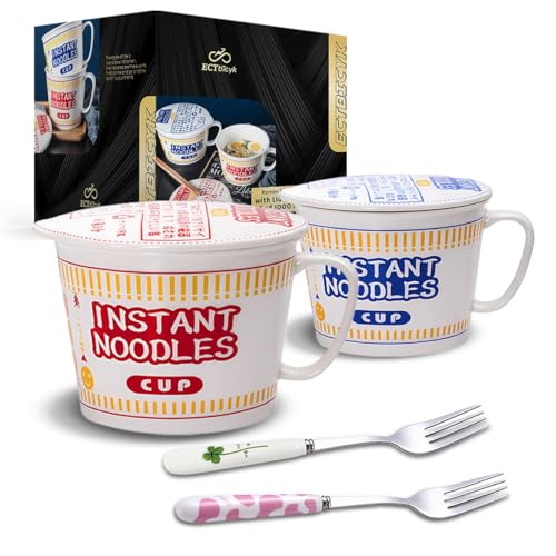 Ramen Schüssel mit Deckel Groß Instant Nudeln Ramen Bowl Keramik Suppenschüssel mit Deckel und Griff (2 Stück, Rot und Blau)