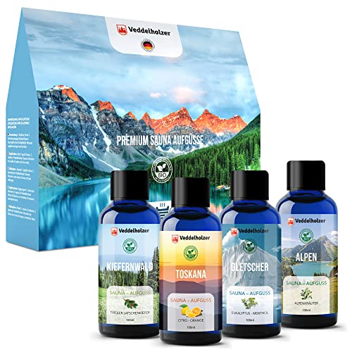 Veddelholzer BIO Saunaaufguss aus 100% naturreinen ätherischen Ölen 4 x 100 ml verschiedene Saunaöle Saunaduft Sauna Zubehör als Geschenkset alles in einem Set