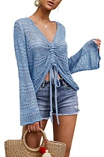 Saodimallsu Damen Oberteile Flowy Oversized Langarm Frühling Sommer Strickpullover V-Ausschnitt Crochet Sexy Pullover Blau Mittel