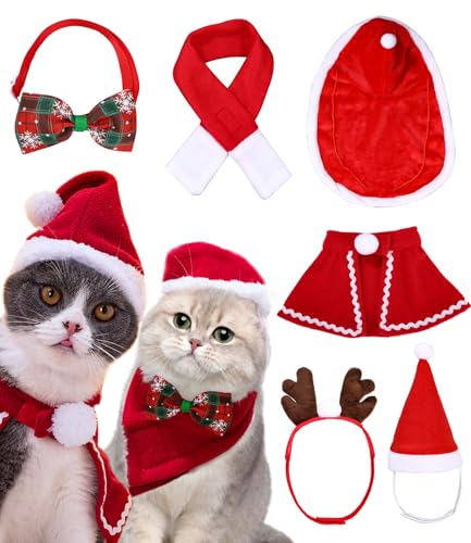 Katze Weihnachten,Hund Weihnachten Kostüm,Weihnachtskostüm für Katzen,Katzenkostüm Weihnachten,Fliege,Stirnband,Weihnachtsmütze, Schal, Enthält Zwei Umhänge