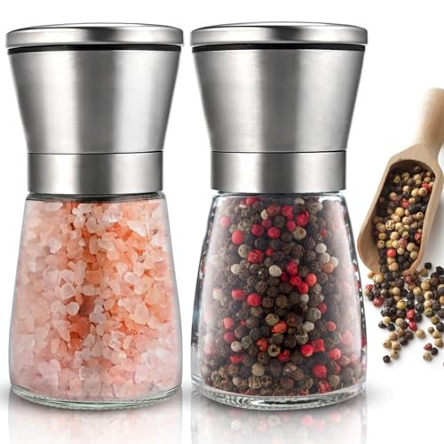 Herboom Salz und Pfeffermühle 2er Set, Pfeffer und Salzmühle, Verstellbarem Keramikmahlwerk Edelstahl Gewürzmühle für Gewürze, Pfeffer, Salz und Chilli (klein)