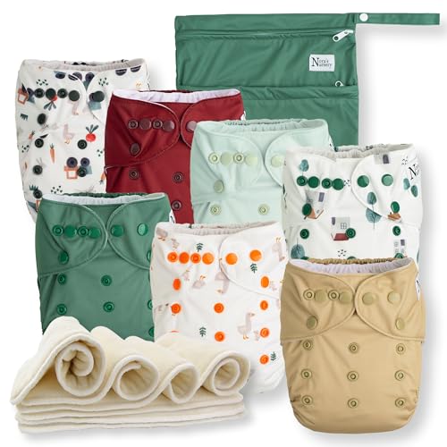 On The Farm Baby Cloth Pocket Diapers 7 Pack, 7 Bamboo Inserts, 1 Wet Bag by Nora's Nursery