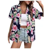 Shirt Damen, Hawaii Hemd Damen Kurzarm Hawaiihemd Sommer Hawaii Bluse Strandshirt Funky Hawaiibluse Fronttasche Party Hawaii Hemden Frauen Hawaii Outfit Damen Hawaii-Print Casual Hemdbluse Shirt Tops