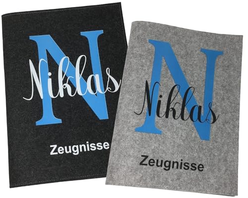 Zeugnismappe mit Namen - Mädchen und Jungen - Personalisiert Filz A4 Blau Buchstabe - Dokumenten Urkunden Mappe Kinder - Hefter Zeugnisse - Sichtbuch