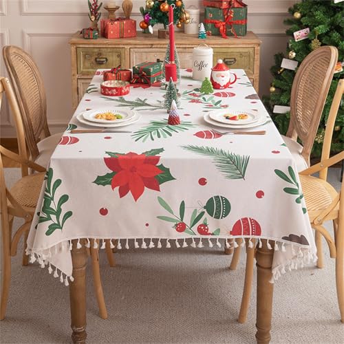 Viusneun Weihnachtstischdecke, Weihnachtstag Quadratisch mit Quasten Tischtuch Waschbar Table Cloth Knitterfrei Fleckschutz Tischdecken für Weihnachtsdekoration (Blume,100 x 140 cm)