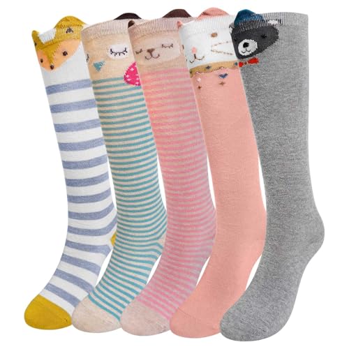 ZFSOCK Kinder Socken Mädchen Kniestrümpfe: Overknees Lange Strümpfe Kindersocken Baumwolle mit Lustigen Gestreiften Tiermotiven - Bunte Ohne Naht Kniesocken Geschenk 5 Paar Größe 31-34 Fuchs