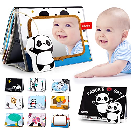 beiens Baby Spiegel Spielzeug mit Knisterbuch, Panda mit schwarz weiß Buch 0 3 6 Monate, Faltbarer Kontrast Spielzeug Baby für neugeborenen Geschenk