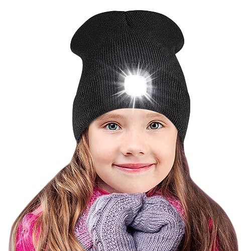 SPGOOD Mütze mit Led Licht Kinder,Led Mütze für Jungen und Mädchen,USB Wiederaufladbare LED Beleuchtete Beanie Mütze mit Licht,Winter Wärmer Haube mit LED Licht