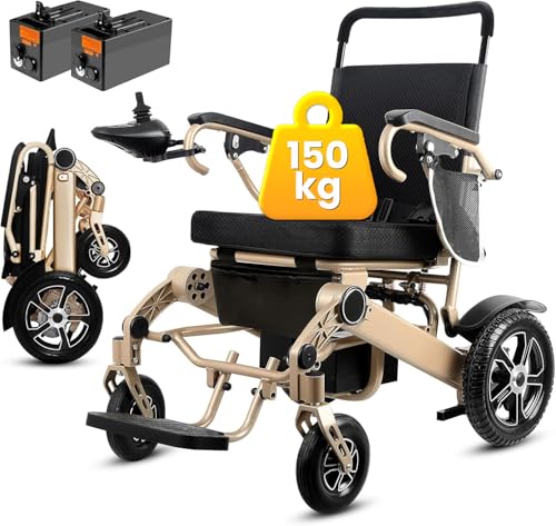 Tripaide 40KM Rollstuhl Elektrisch Faltbar mit 2 * 10AH Batterien, Leichte Faltbare Elektrorollstuhl, All Terrain Power elektro-rollstühle Tragfähigkeit 150KG Gold