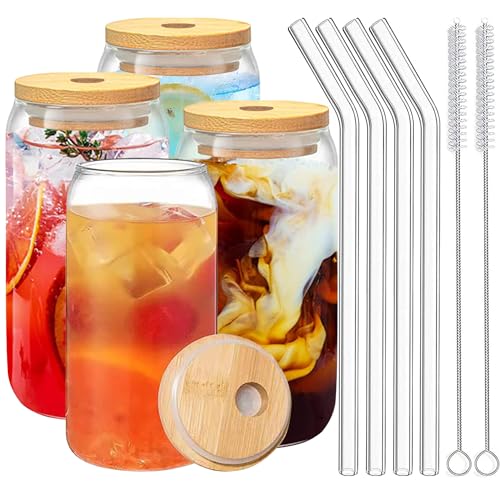 Duscdesp 4 Stück Kaffeetassen Set, Trinkbecher mit Deckel und Strohhalm, 16 OZ Glas Trinkgläser Set, Bubble Tea Becher, Cocktailgläser, Schnapsgläser, Eiskaffee Gläser