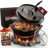 GUSSKÖNIG Dutch Oven Set [9L ] - Eingebrannter Feuertopf mit praktischem Deckelheber und Edelstahl Untersetzer