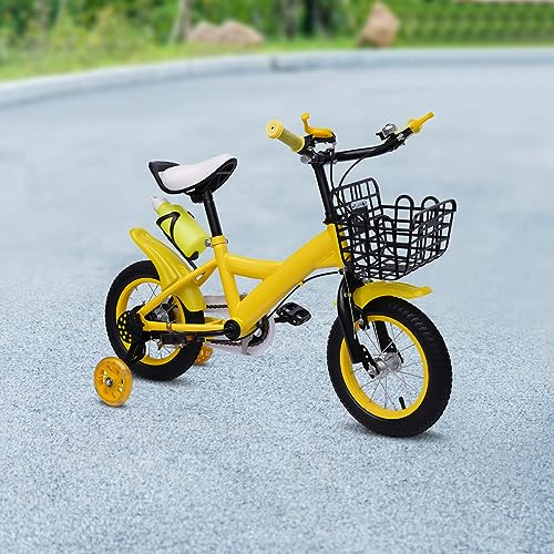 UYRTOY 30,5 cm (12 Zoll) Fahrrad, für Kinder, geeignet für Kinder von 2 – 4 Jahren, verstellbare Sitzfläche, Hilfsräder aus Karbonstahl, Gummiräder, Zubehör für Wasserflasche (gelb)