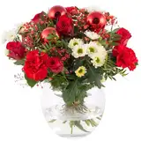 Weihnachtsstrauß Rote Weihnacht, Festlicher Blumenstrauß mit Weihnachtskugeln, Blumen versenden, handgebunden mit 7-Tage-Frische-Garantie, Rosen, Chrysanthemen, Nelken, Blumenversand