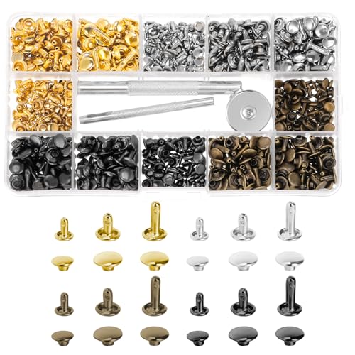 Partideal Leder Nieten 360 Set 3 Größen Metallniete Doppelkappe Nieten 12mm 8mm 6mm Nieten für Kleidung mit 3 Stück Fixierung Werkzeug für DIY Leder Handwerk Tasche Gürtel Reparatur Dekoration