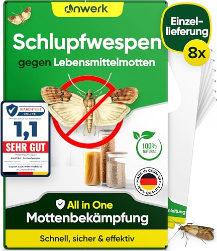 anwerk® Schlupfwespen gegen Lebensmittelmotten - 8 Karten à 1 Lieferung - Effektiv Lebensmittel Motten bekämpfen - Alternative zur Mottenfalle, Mottenspray, Pheromonfalle (8X Karten à 1 Lieferung)