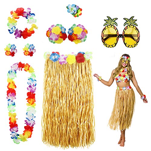 PHOGARY 8 Teilig Hawaii Mottoparty Kostüme Set, Hula Rock (Naturfarben), Blumenkette, Blume-Armbänder, Blumen-BH, Haarblume, Ananas-Sonnenbrille für Tikiparty Beachparty Deko
