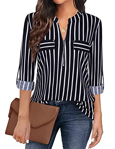 Siddhe Bluse Damen Tunika V-Ausschnitt Oberteile 3/4 Ärmel Arbeit T-Shirt Reißverschluss Longbluse Damen A-Linie Tops Gestreifte Arbeit Hemd Business Longshirt Schwarz Gestreifte, M