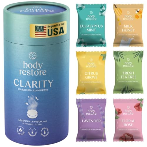 Body Restore Shower Steamers Aromatherapy 6 Pack - Relaxation Birthday Gifts for Women and Men, Travel Essentials, Stress Relief and Self Care - Clarity