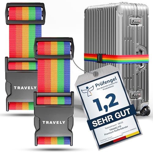 Travely® Premium Koffergurt - Besonders Auffällig & Sicher - Inkl. 2 Namensschildern - Kofferband ideal über Kreuz - [2er Set] - Bunt