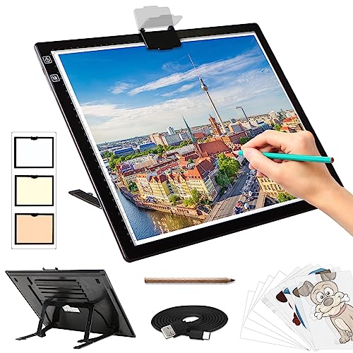 Diamond Painting Leuchttisch A3 - Tragbares Batteriebetriebene Light Pad, Wiederaufladbare Leuchtplatte mit Ständer, 3 Farben 6 Helligkeitsstufen LED Lichtpad für Diamond Painting Zubehör Abpausen