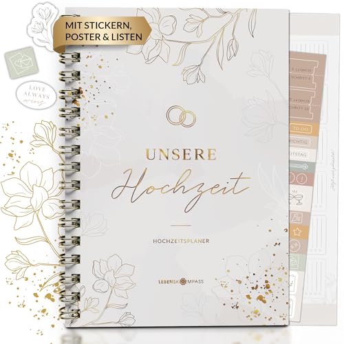 Lebenskompass® Hochzeitsplaner Buch mit praktischen Poster "ALWAYS" Wedding Planner mit Terminplan, Listen und Tipps für eine perfekte Planung einer Hochzeit - mit Stickern - A5 +