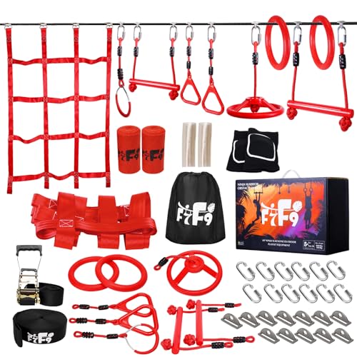 Ninja Warrior Slackline Set für Kinder, 15M Ninja Line mit komplettem und Sicherheit Zubehör