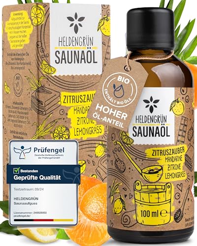 Heldengrün BIO Saunaaufguss Zitruszauber [ECHTE BIO-ÖLE, 3 DÜFTE] - Saunaöl mit Mandarine, Zitrone & Lemongrass - Sauna Aufgussmittel mit ätherischem Bio-Öl