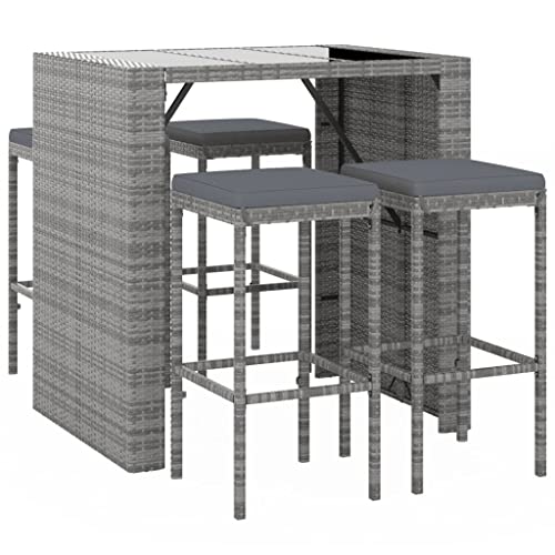 vidaXL Gartenbar Set 5-TLG., Gartenmöbel Bartisch 4 Barstühle, Stehtisch Barhocker für Garten Terrasse, Sitzgruppe Gartenset mit Kissen, Grau Poly Rattan