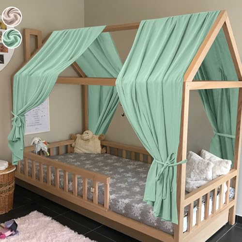 HOTUT Hausbett Himmel,2 Stück Betthimmel Babybett aus Musselin,Weich und atmungsaktiv Baldachin Kinderzimmer Deko,Hausbett Himmel Deko Set für Mädchen & Jungen-62 x 270cm Grün