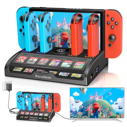 Fenolical Switch TV Dock Station kompatibel mit Nintendo Switch/Switch OLED, für Ladestation mit 4K/1080P HDMI TV Adapter, Switch Ladestation mit 12 Spielesteckplätzen