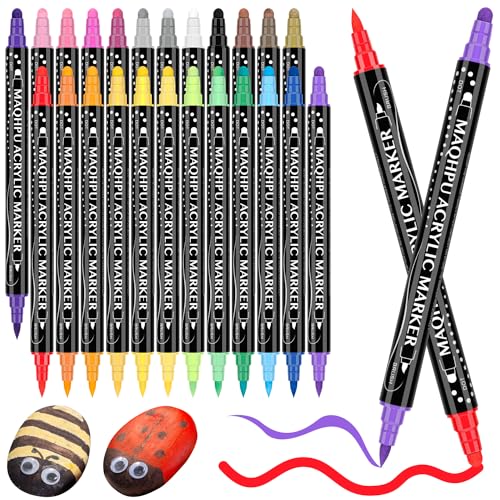 Maqhpu 24 Farben Acrylstifte, Acrylstifte für Steine Wasserfest, Steine zum Bemalen Stifte Set, Dual Tip Multimarker Acrylmarker für Holz, Glas, Papier, Keramik, Basteln Erwachsene Kinder