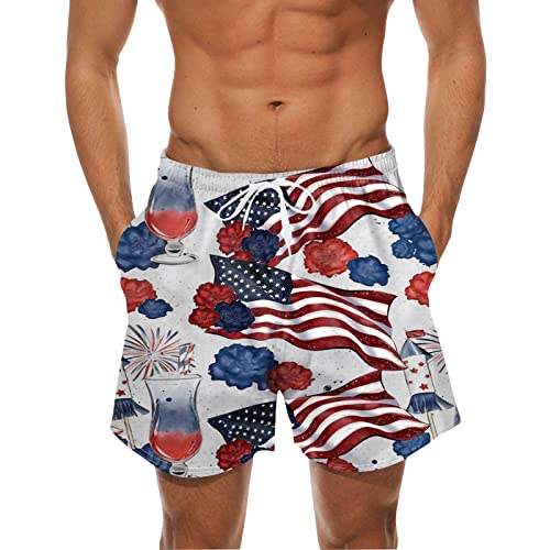 QWUVEDS Mens Independence Day Digitaler 3D-Druck Atmungsaktives Mesh Bedruckte Strandshorts Strandhose Badeshorts Herren Oliv (White, L)