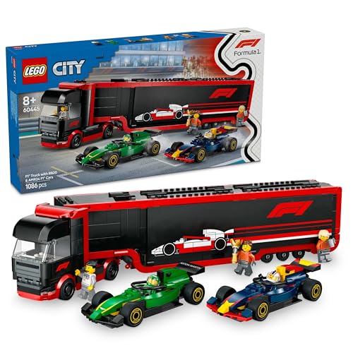 LEGO City F1 Transporter mit RB20 & AMR24 F1 Rennautos - Spielzeug Autotransporter für Red Bull & Aston Martin Formel 1 Teams - Inkl. 5 Minifiguren - Geschenk für Jungen & Mädchen ab 8 Jahren 60445