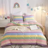 Freyamy Mädchen Bettwäsche 135x200cm Bunt Regenbogen Streifen Kinderbettwäsche 100% Microfaser Babybettwäsche Teenager Kinder Wendebettwäsche Bettbezug mit Reißverschluss und Kissenbezug 80x80cm