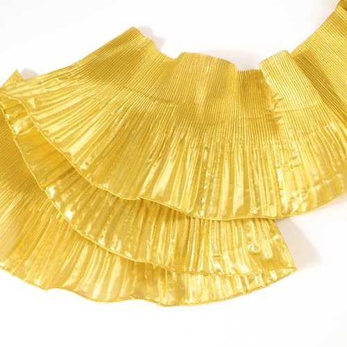 URROMA Goldene Rüschen, plissiert, Chiffon-Besatz, plissiert, Satin-Spitzenband, Stoffapplikation, Basteln, Nähen, Kleidung, Kleid, Tasche, Dekoration, 3 m