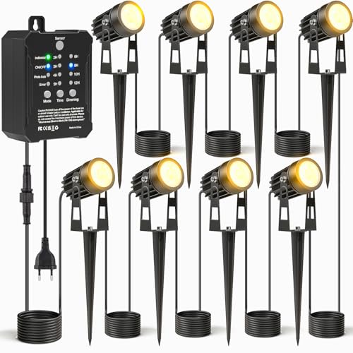 HIBOITEC 8PCS Gartenbeleuchtung mit Transformator, 20,7M Fotozelle Sensor Strahler Außen,Dimmbar 2700K Wasserdicht Gartenbeleuchtung mit Strom, Timer Gartenlampen für Draußen Haus Hof Pflanzen