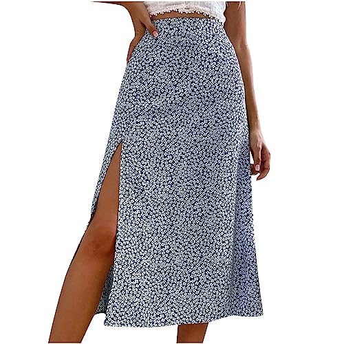 Frauen Vintage Langen Rock Sommer Frühling Casual Hohe Taille Retro Floral Print Slim Fit Halbe Kleid Streetwear ZZ 2 Blue XXL 42