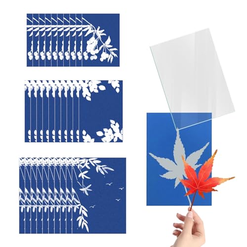 WUSANNA 30 Blatt Cyanotypie,Sonnendruckpapier,A4 A5 A6 Cyanotypie Papier Mit 1 Acrylplatten,Hochempfindlich Sonnenkunstpapier,Cyanotypie Papier Diy Bastelarbeiten für Kinder Und Erwachsene
