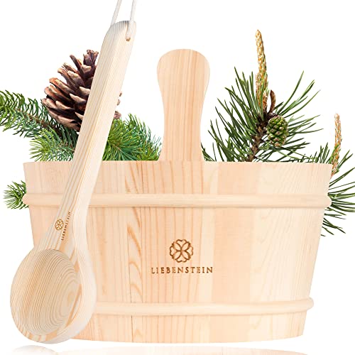 Liebenstein® Sauna Eimer mit Kelle [4L] – handgefertigt aus finnischem Kiefernholz – hochwertiges Sauna Zubehör Set – bestehend aus Saunaeimer, Saunakelle und Schutzeinsatz – Dein Sauna Set