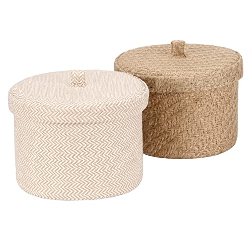 Sea Team 2 Pack Jute und Baumwolle Leinen Aufbewahrungskorb Nette runde Box für Toilettenartikel Spielzeug Verschiedenes Artikel 5 Liter Schreibtisch Gadget Organizer mit Deckel (Medium C)