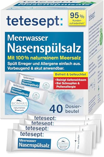 tetesept Meerwasser Nasenspülsalz bei Schnupfen und Pollenallergie – Nasenspülung auch für Kinder reinigt und befeuchtet – Geeignet zur Nasendusche – 40 Beutel