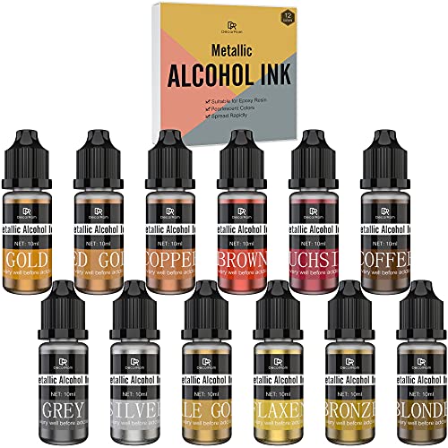 Metallic Alkohol Tinte Set - 12 Metall Farben Alcohol Ink zur Epoxidharz, Petrischalen Herstellung, Malen - Schimmern Konzentrierter Alkoholtinte Harztinte Farben für Harz Kunst, DIY Malerei - je 10ml